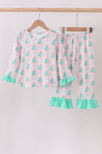 Pink christmas tree ruffle pajama set