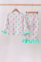 Pink christmas tree ruffle pajama set