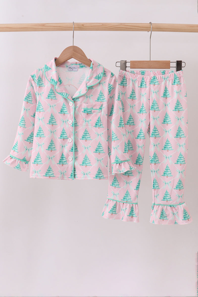 Pink Ruffle Christmas Tree Pajama Set