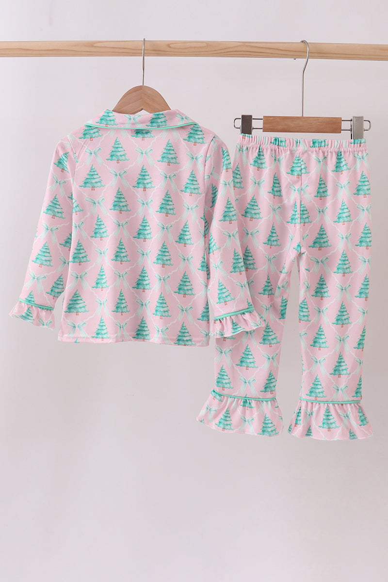 Pink Ruffle Christmas Tree Pajama Set