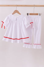 White santa claus smocked ruffle pants set