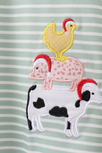 Green farm applique stripe ruffle pants set