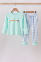 Green vehicle embroidery pants set