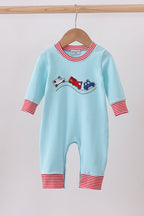 Blue vehicle emboridery romper