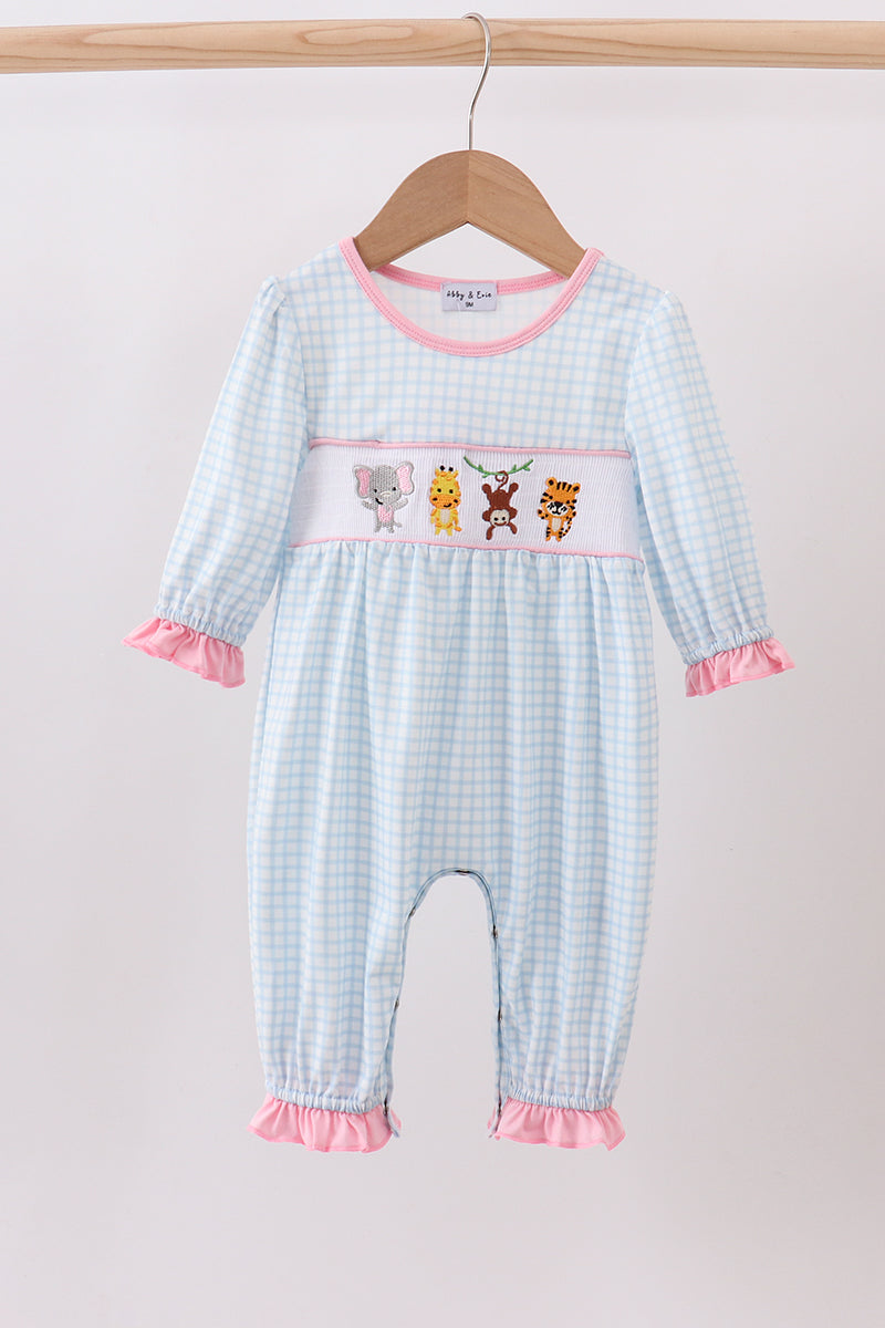 Blue animal smocked ruffle romper