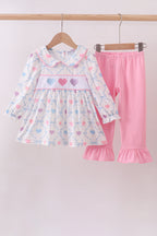 Multicolored heart smocked ruffle pants set