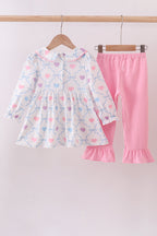 Multicolored heart smocked ruffle pants set