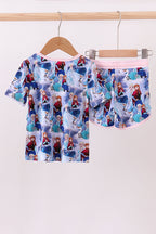 Blue frozen print bamboo shorts set