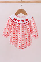 Red heart bow smocked bubble
