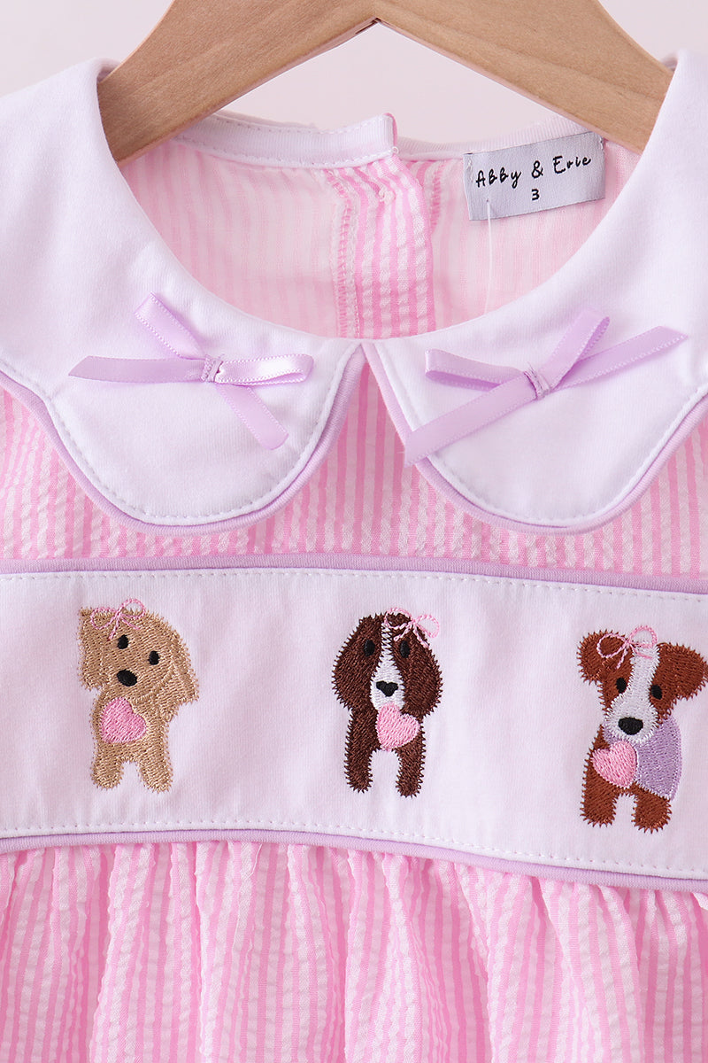 Pink puppy embroidery seersucker ruffle pants set