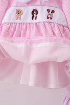 Pink puppy embroidery seersucker ruffle pants set