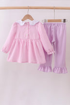 Pink puppy embroidery seersucker ruffle pants set