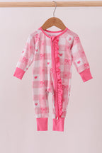 Pink heart checkered bamboo ruffle pajama zipper romper