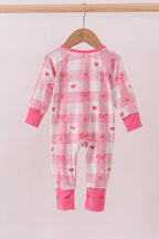 Pink heart checkered bamboo ruffle pajama zipper romper