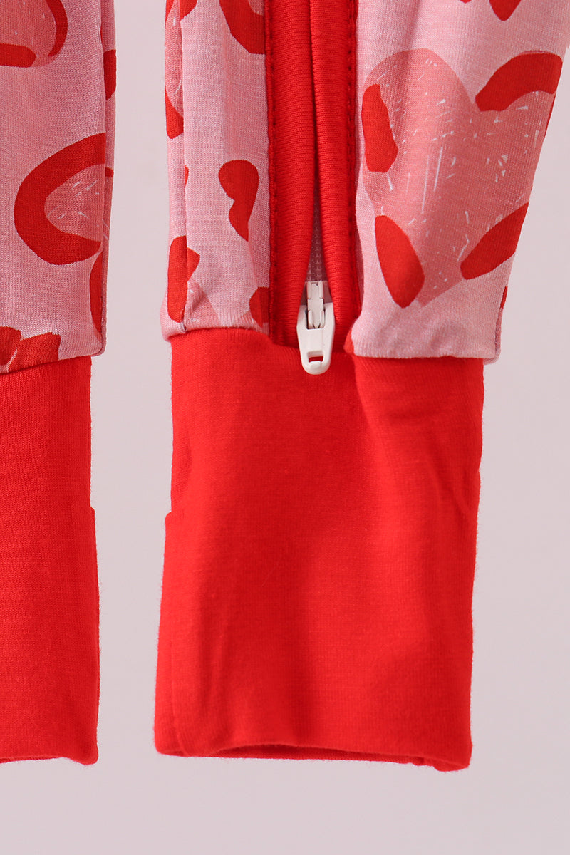 Red heart print bamboo zipper romper