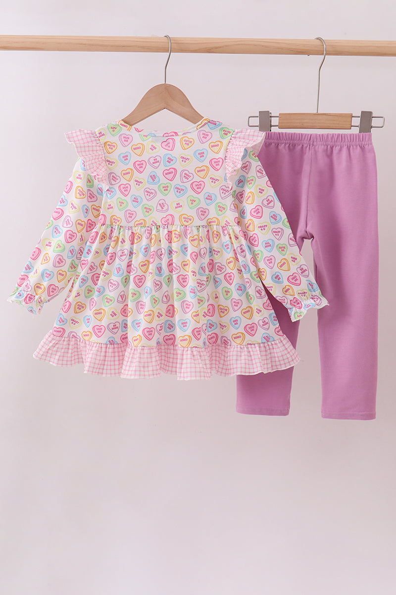 Purple heart print ruffle pants set